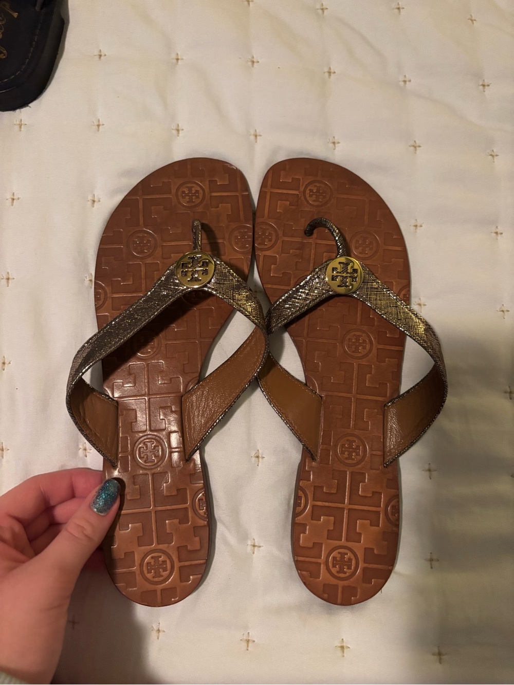 Tory Burch Metallic Gold and Brown Logo Thong Sandals